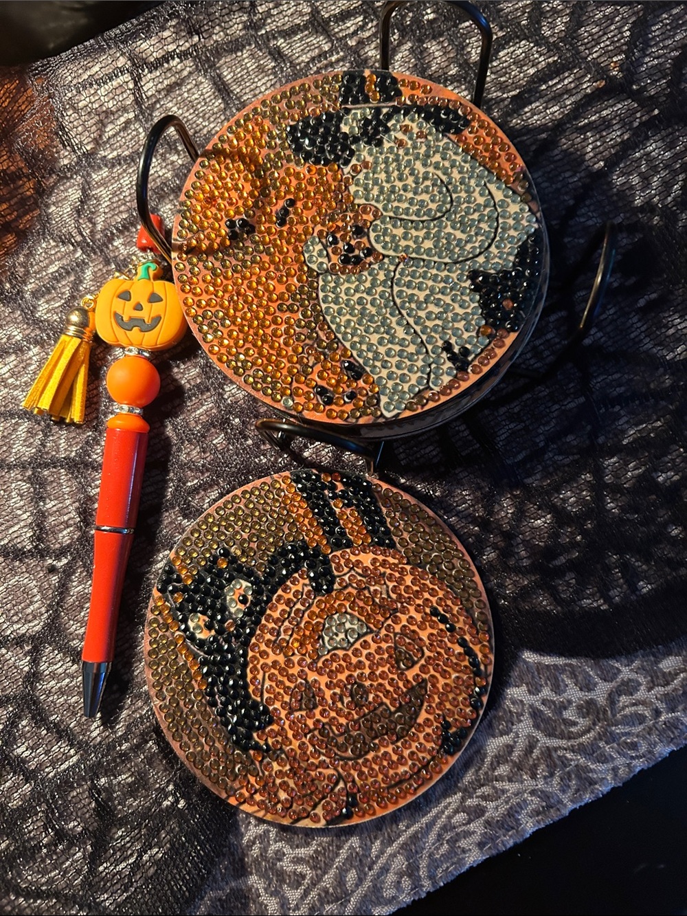 Halloween Pumpkin & Cat Beaded Coasters - Orange/Black with pen